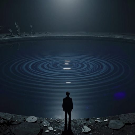 A figure stands at the edge of a silent, vibrating pool, symbolizing the subconscious echo.