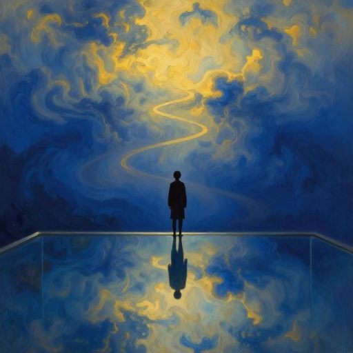 A figure at a reflective threshold, symbolizing inner truth.