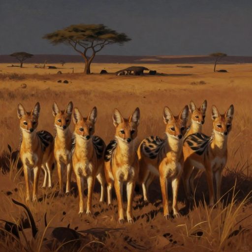 A watchful group of aardwolves in an ochre twilight landscape.