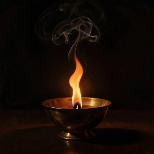 A small, vibrant flame burning in deep darkness, symbolizing consciousness and ritual cleansing.