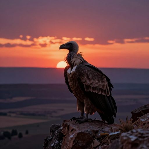 A solitary vulture silhouetted against a dying sunset, symbolizing necessary transition.