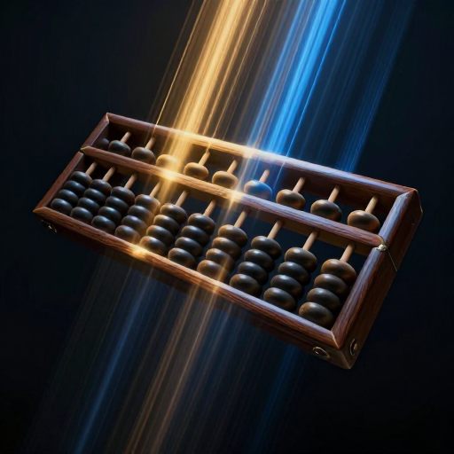 A monumental abacus under intense, cerebral lighting.