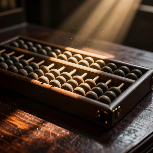 A weathered abacus sits under a single spotlight, symbolizing the mental weight of calculation.