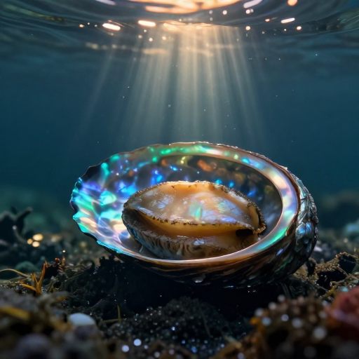 Luminous abalone shell emerging from deep water.