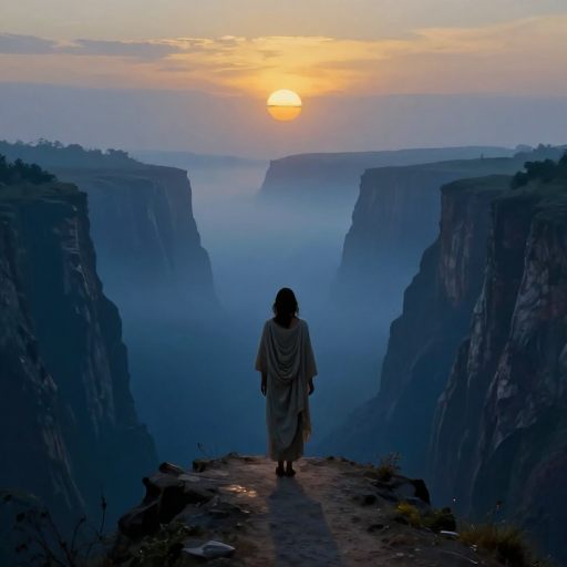 A solitary figure stands at a threshold, watching a vibrant, receding landscape symbolizing a past self.