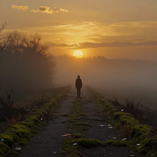 Solitary figure at the threshold of a fading journey.
