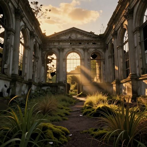 Sunlit ruin overtaken by nature, symbolizing dormancy.