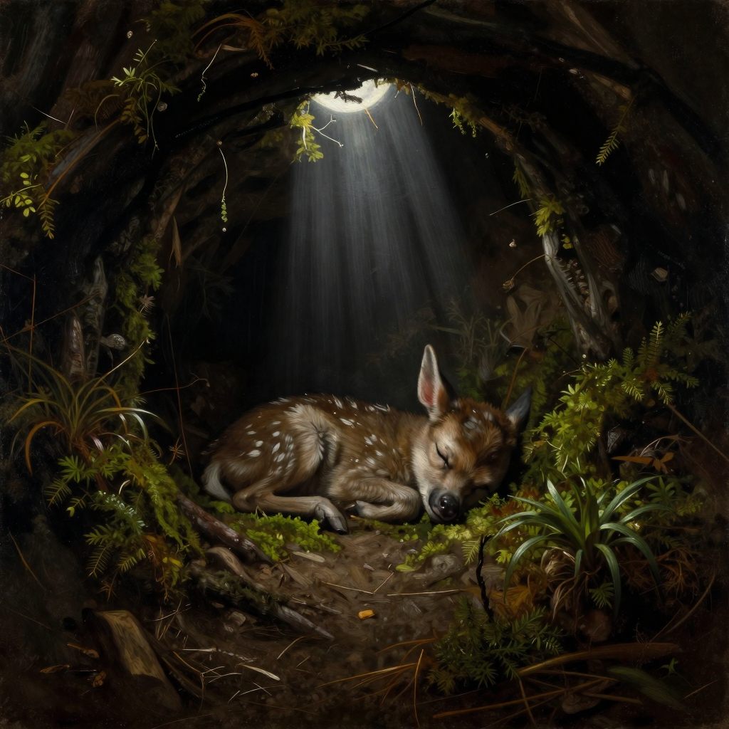 A small, vulnerable creature nestled in a hollow, symbolizing a neglected beginning.