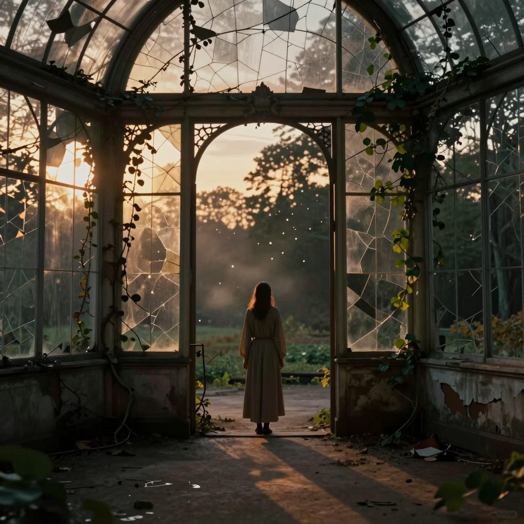 Solitary figure in overgrown threshold