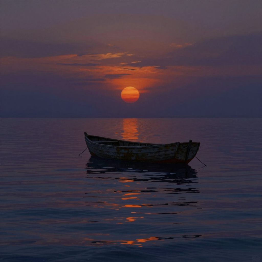 Weathered vessel adrift on a vast, moody ocean at sunset.