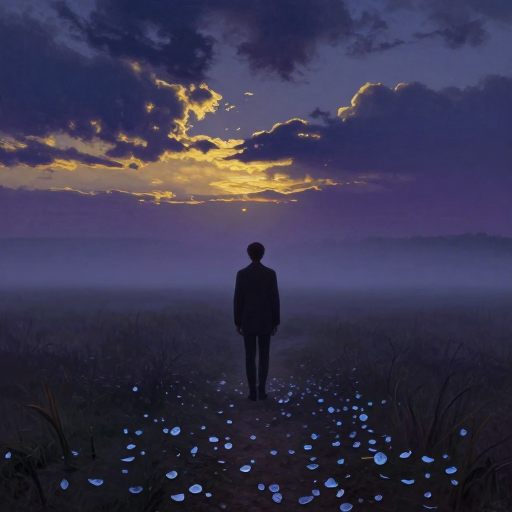 A solitary figure standing on a precipice at twilight.