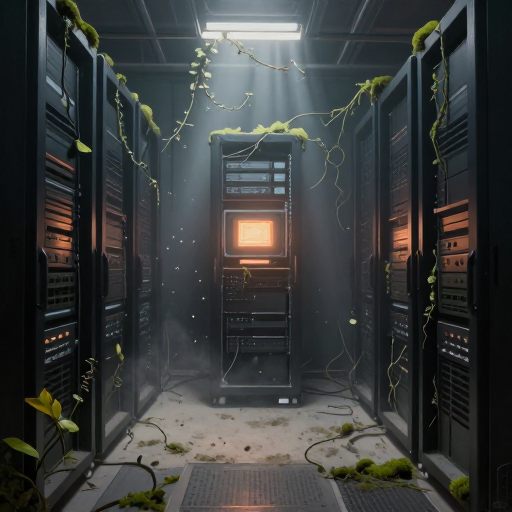 A silent, overgrown server room symbolizing digital obsolescence.