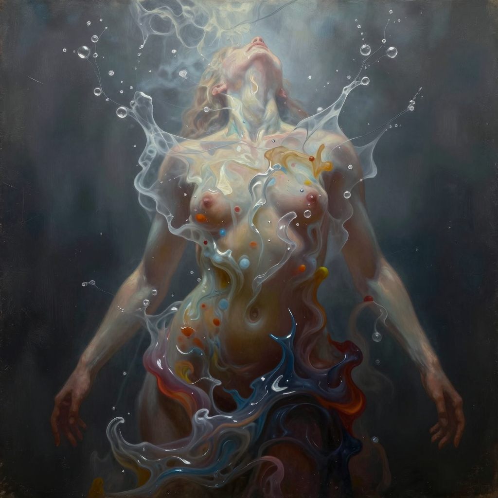 A torso emerging from swirling chaos into liquid clarity.