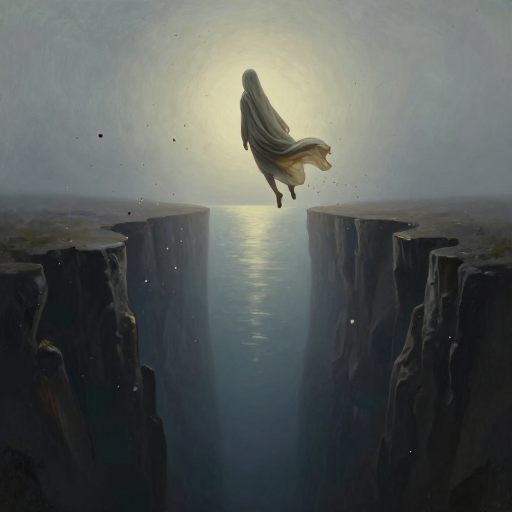A solitary figure descends into a vast, reflective chasm, symbolizing necessary humility and surrender.