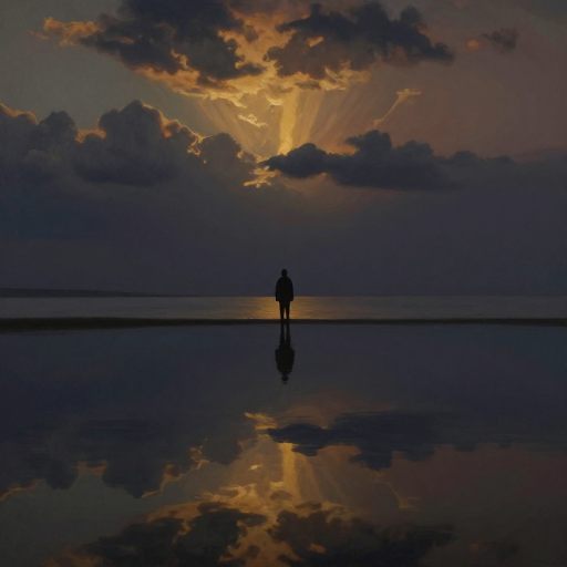 Figure at the edge of dark, reflective water under heavy clouds.