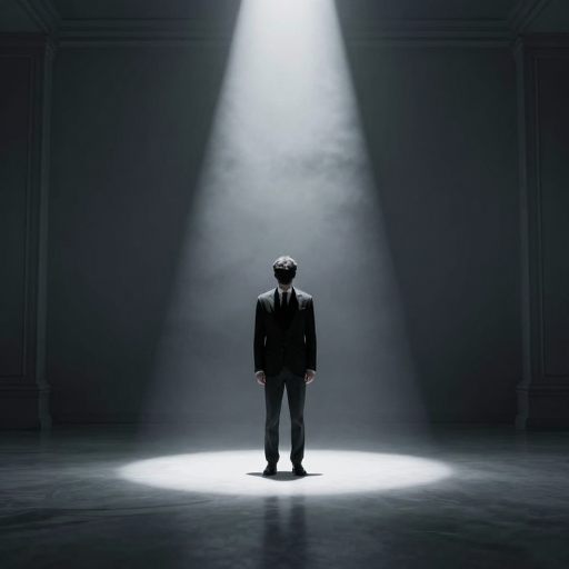 A solitary figure under a spotlight, symbolizing exposed vulnerability.