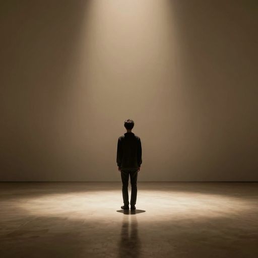 A solitary figure under diffused, critical light.
