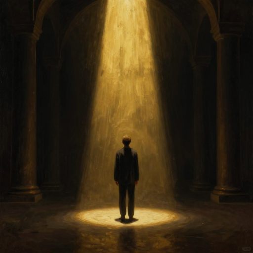 A solitary figure in a sudden, harsh spotlight, surrounded by deep shadow, conveying intense vulnerability and exposure.