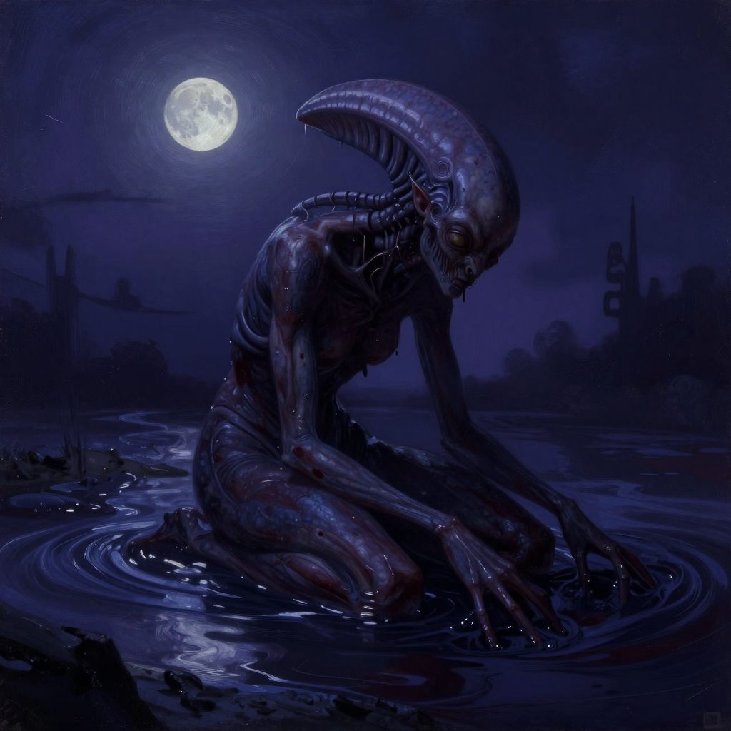 Emergence of a burdened, watchful creature from deep shadow.