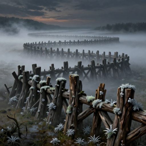 Ethereal palisade boundary in mist.