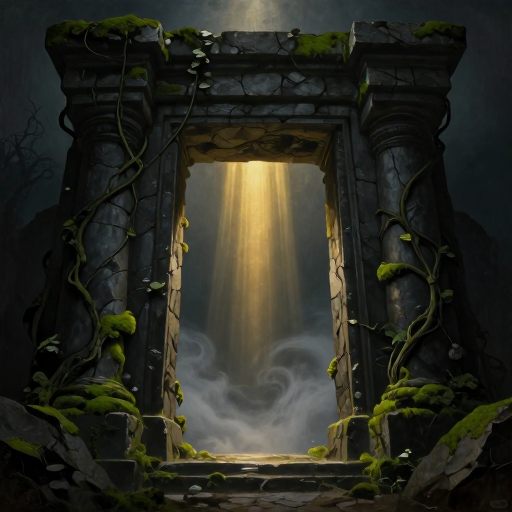 A monumental, worn stone threshold flanked by overgrown vines, leading into a dense, luminous mist.