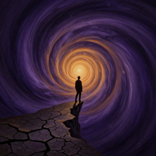 Figure at the precipice of a swirling vortex.