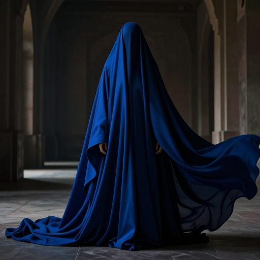 A figure enveloped in a flowing, voluminous black garment, symbolizing the layers of identity and societal expectations.