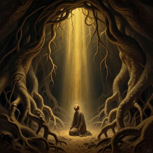 A solitary figure emerges from a dense, glowing network of roots beneath a sliver of light, symbolizing a psychological homecoming.