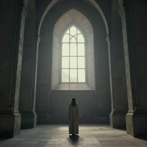 A solitary figure in an austere stone cloister, seeking mental silence.