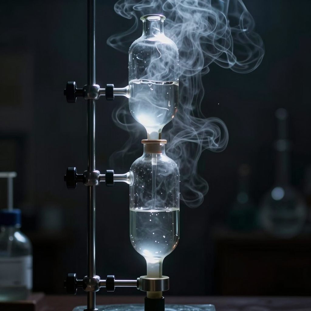 Dreamlike condenser transitioning volatile vapor into clear liquid.