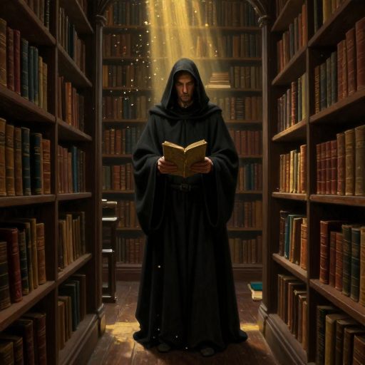A solitary figure in a vast, shadowed library, facing a severe, cloaked guide.