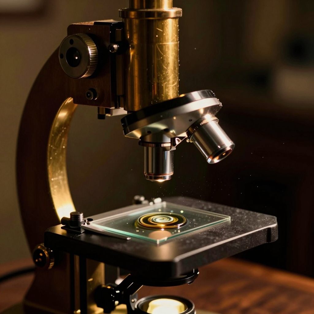 A dramatic, dimly lit Abbe vertical microscope rests on a mahogany table, focusing on a single, glowing drop of viscous liquid, symbolizing intense self-examination.