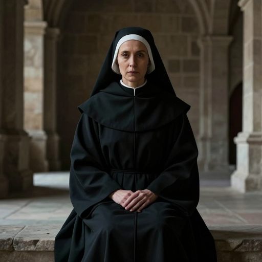 A severe figure in habit stands in a quiet, stone cloister.
