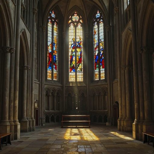 Sunlit quiet nave of a Gothic abbey.