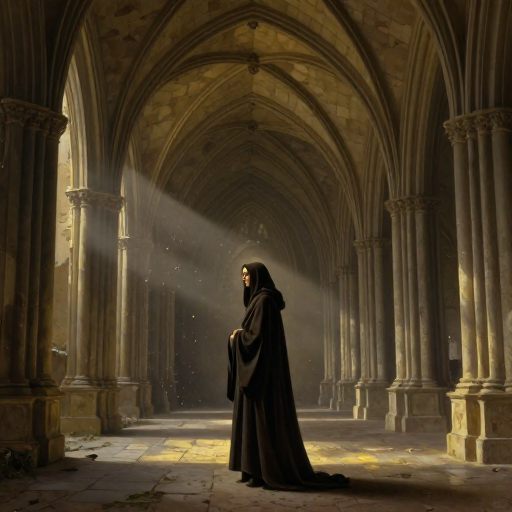 A contemplative figure in a ruined cloister, symbolizing disciplined authority.