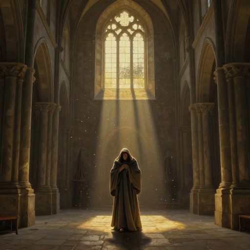 Solitary figure in a monumental cloister, symbolizing the burden of ultimate responsibility.
