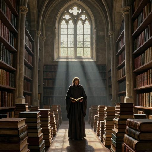 A cloaked figure stands vigil in a high, ancient library.