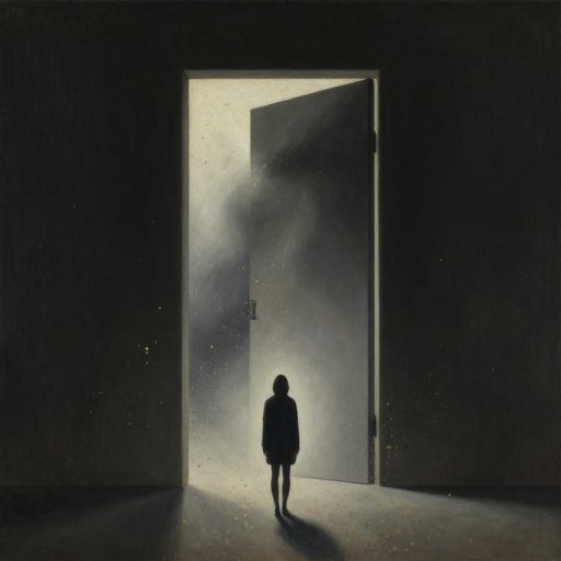 A figure confronts a looming, indistinct presence in a vast, transitional space.