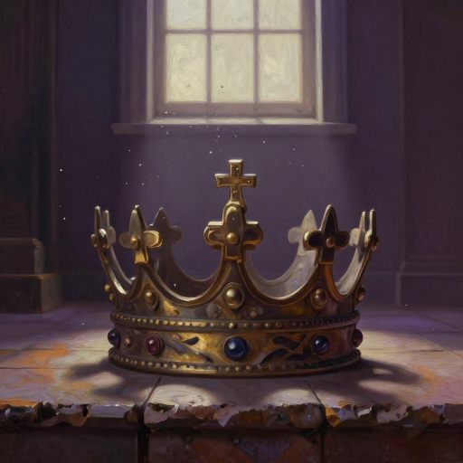 A heavy, ornate crown rests on a threshold, suggesting the voluntary shedding of a burden.