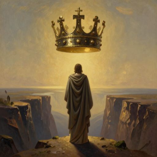 A figure gracefully relinquishes a crown of burdens while standing on a threshold.