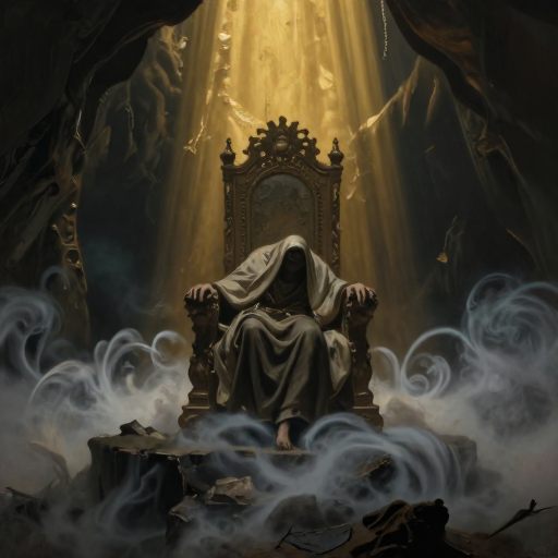A solitary figure turning away from a crumbling, oversized throne into a thick mist.