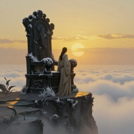 A solitary figure willingly descends from a crumbling, opulent pedestal into a sea of luminous mist, symbolizing the surrender of a heavy role.