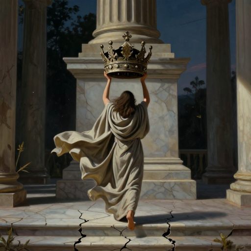 A solitary figure stands at the edge of a vast, crumbling pedestal, gently releasing a heavy, ornate crown into the wind, symbolizing the renunciation of a burdensome role.