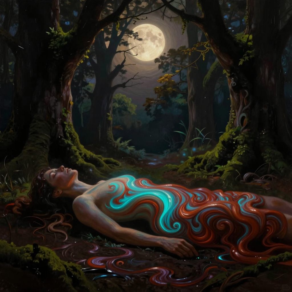 Dreamlike depiction of grounding emotional release through abdominal breathing.