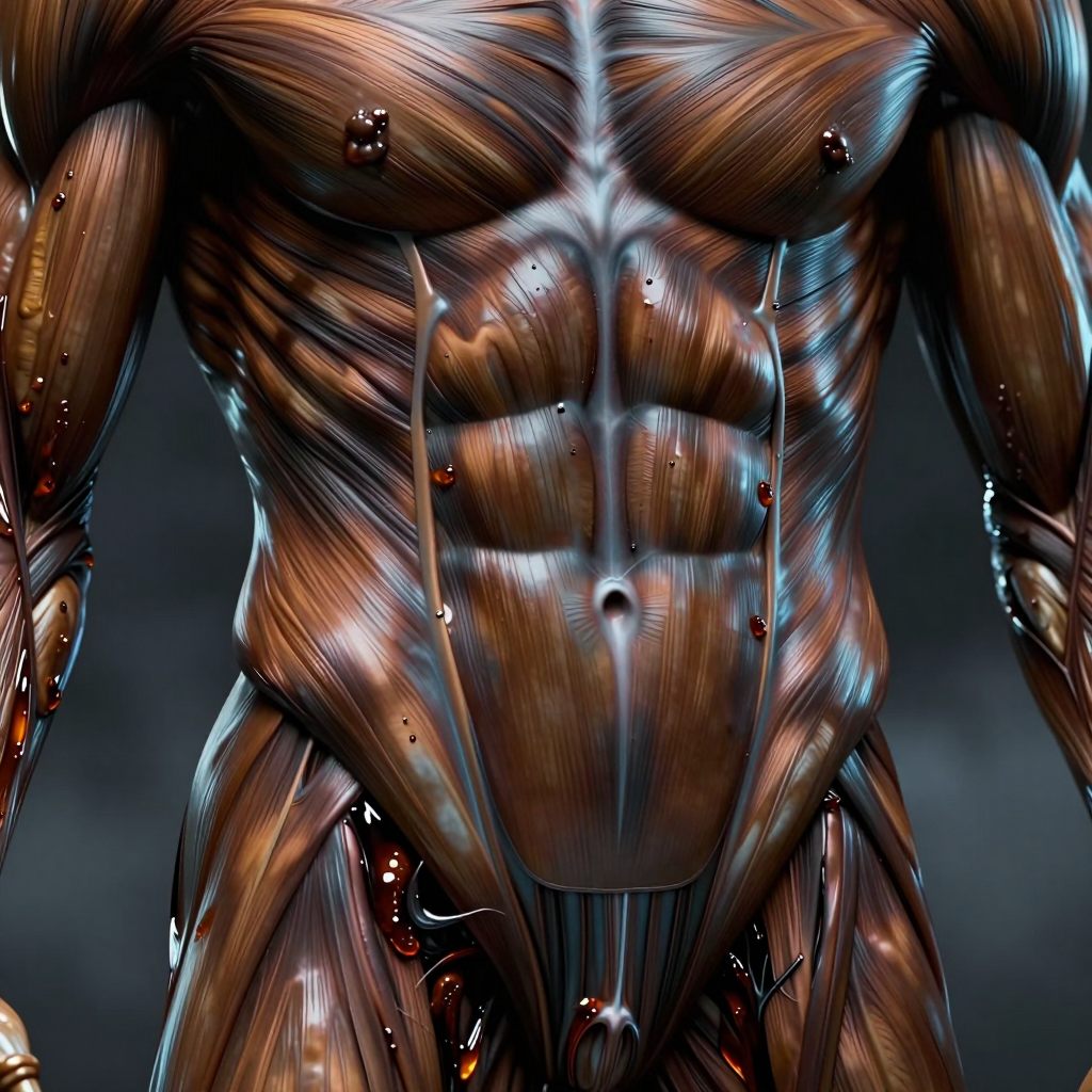 Taut, sculptural rendering of abdominal muscles symbolizing contained emotional pressure.