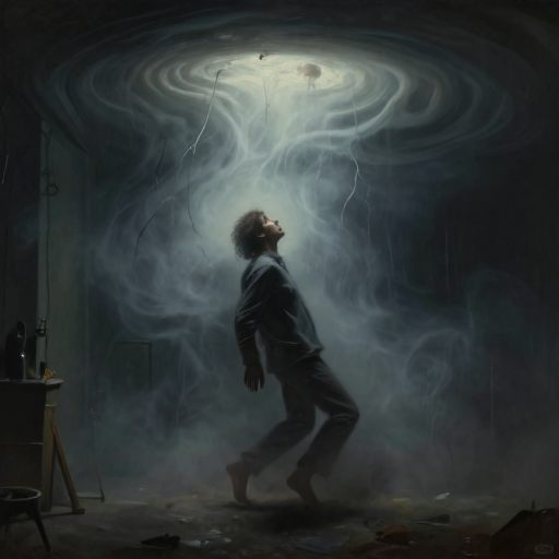 A figure suspended against a vast, encroaching darkness, symbolizing loss of agency.