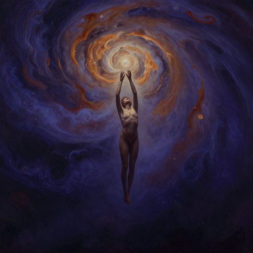A lone figure lifted into a vast, unknown space.