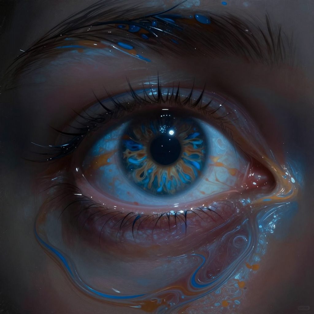 Strained gaze symbolizing mental focus.