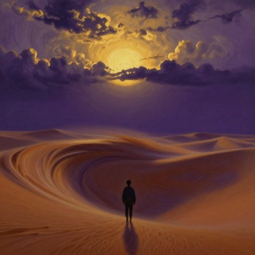 Figure pulled into a vortex of shifting sands under a vast sky.