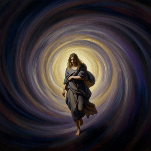A solitary figure being carried into a vast, threshold space.